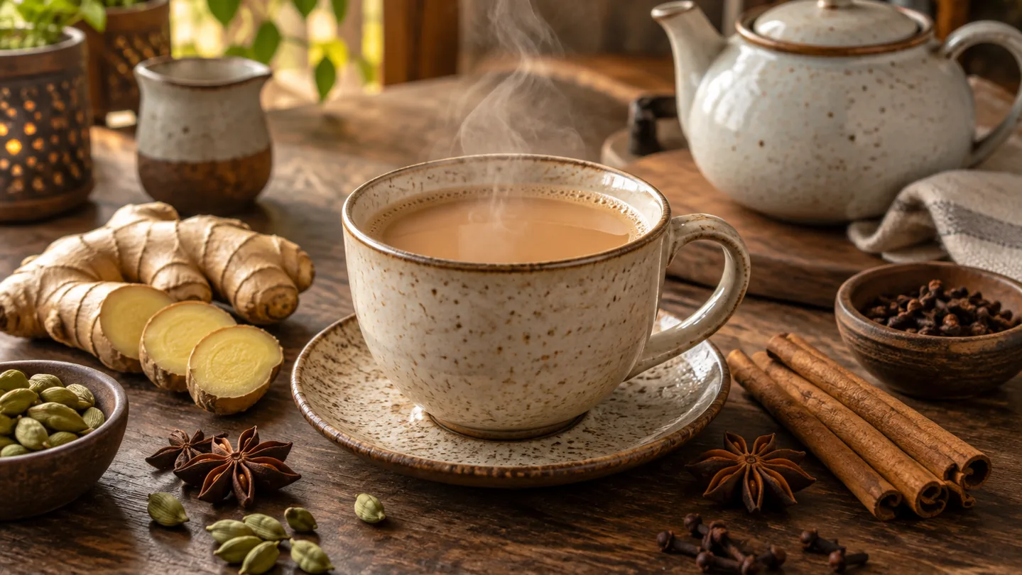 Masala chai se zázvorem, skořicí, kardamomem a hřebíčkem