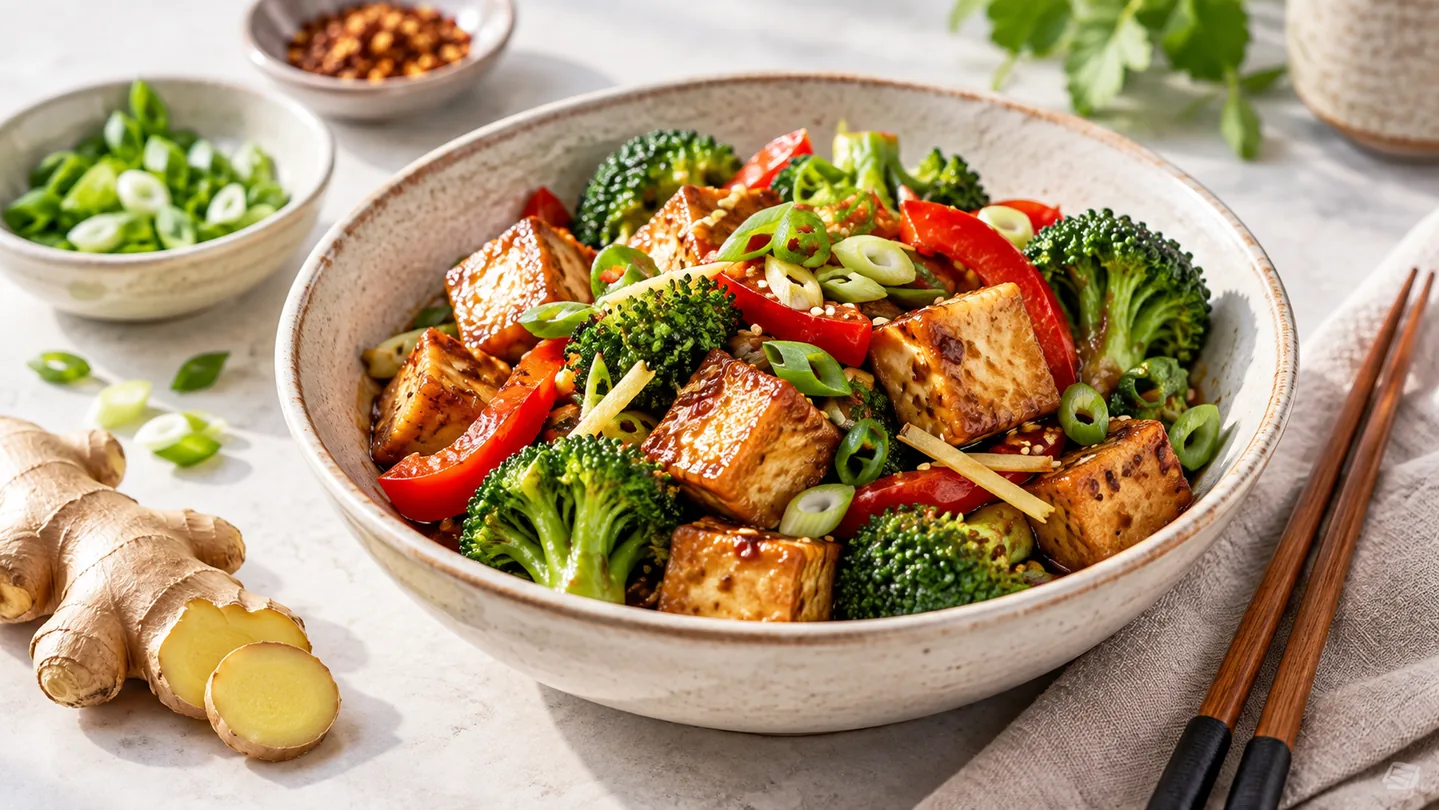Křupavé tofu se zázvorem, brokolicí a paprikou