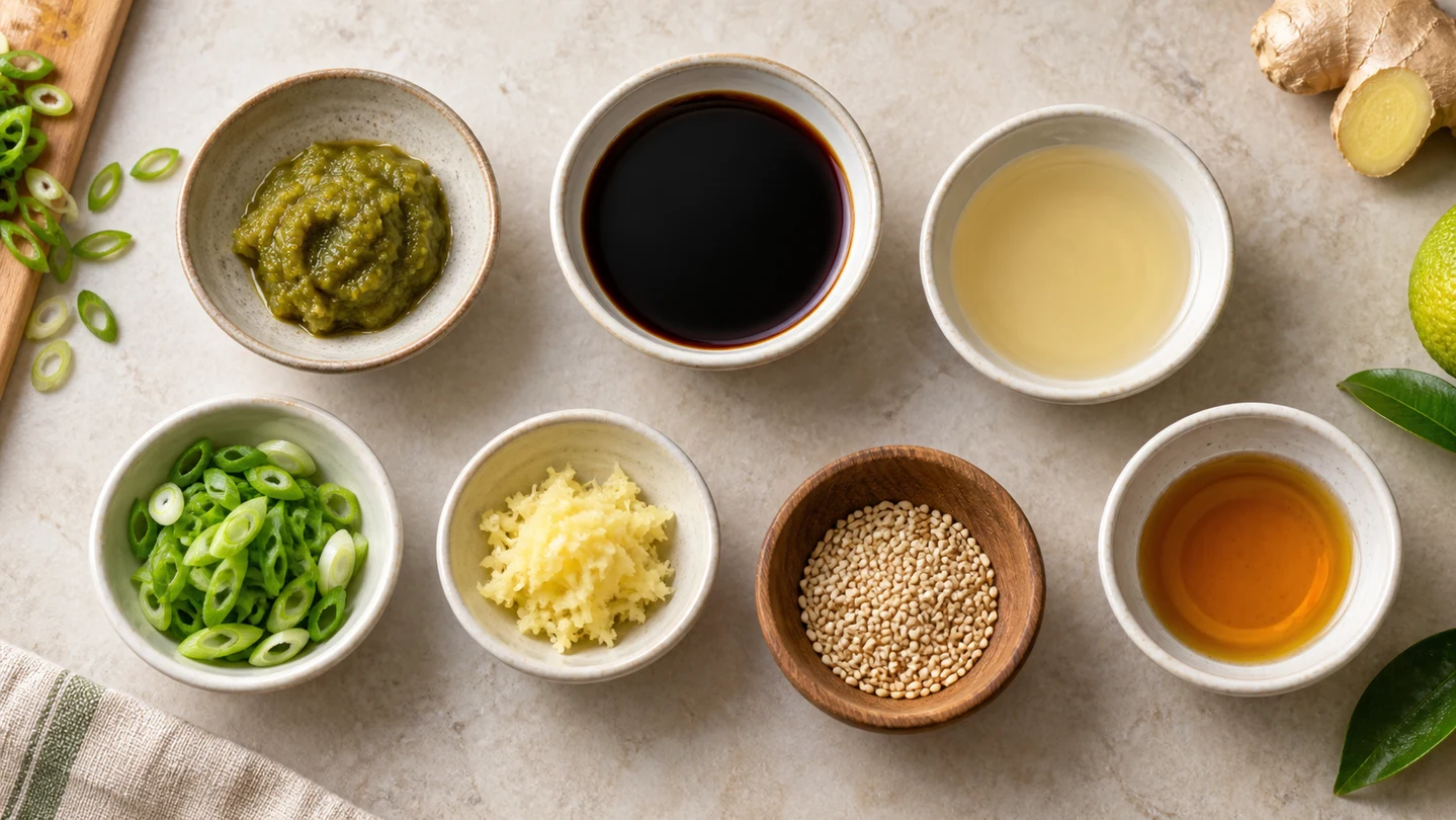 Yuzu pasta, sójová omáčka, rýžový ocet, sezamový olej, zázvor, jarní cibulka a sezam