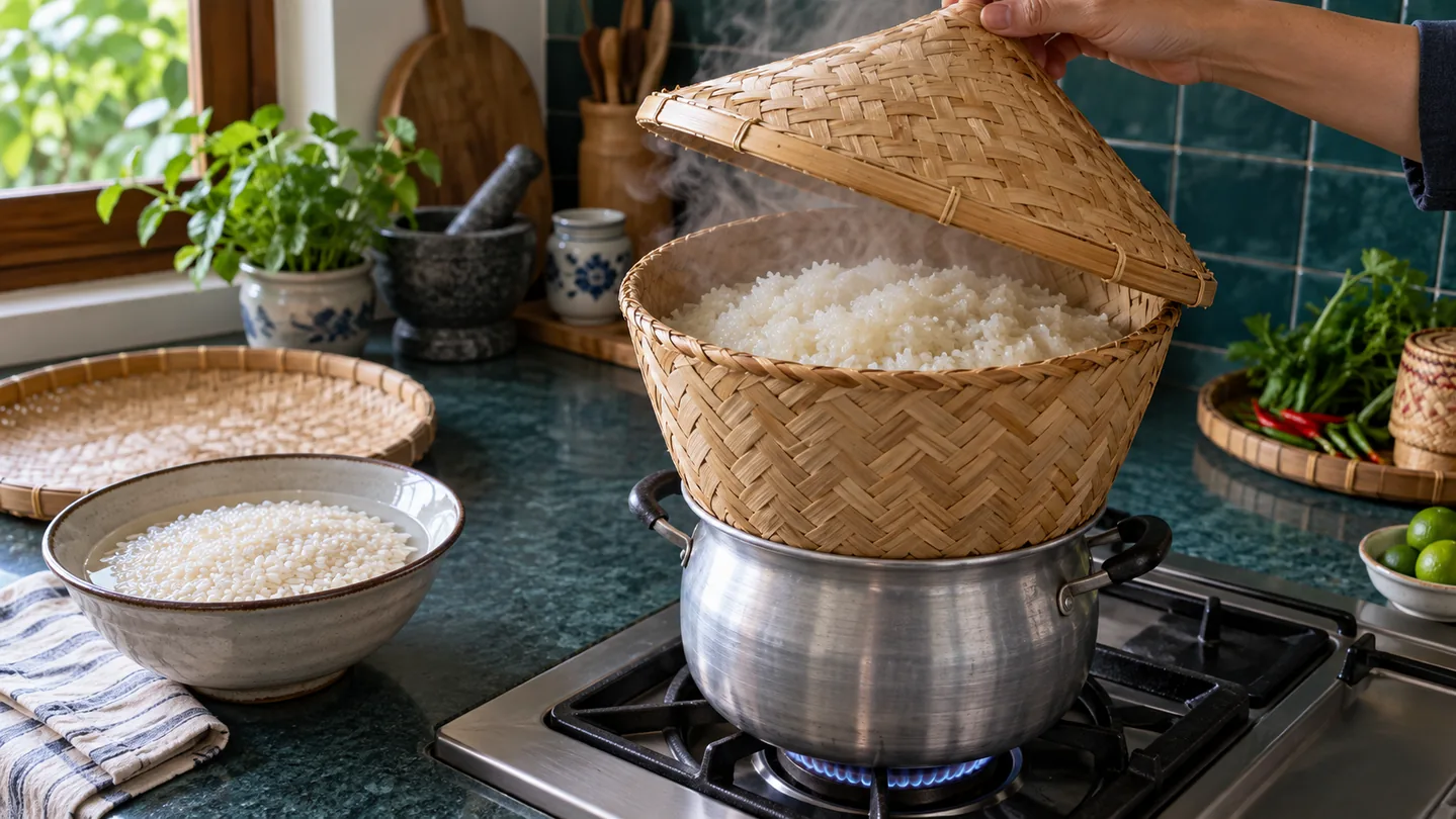 Napařování lepkavé rýže v bambusovém košíku nad vodou