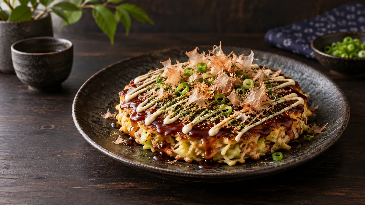 Hotové okonomiyaki s omáčkou, japonskou majonézou, řasou a katsuobushi