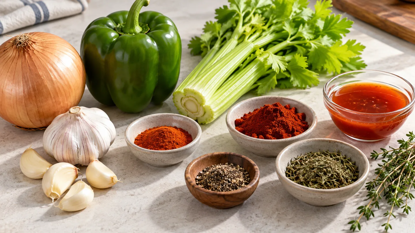Cibule, paprika, celer, česnek, koření a Cajun omáčka