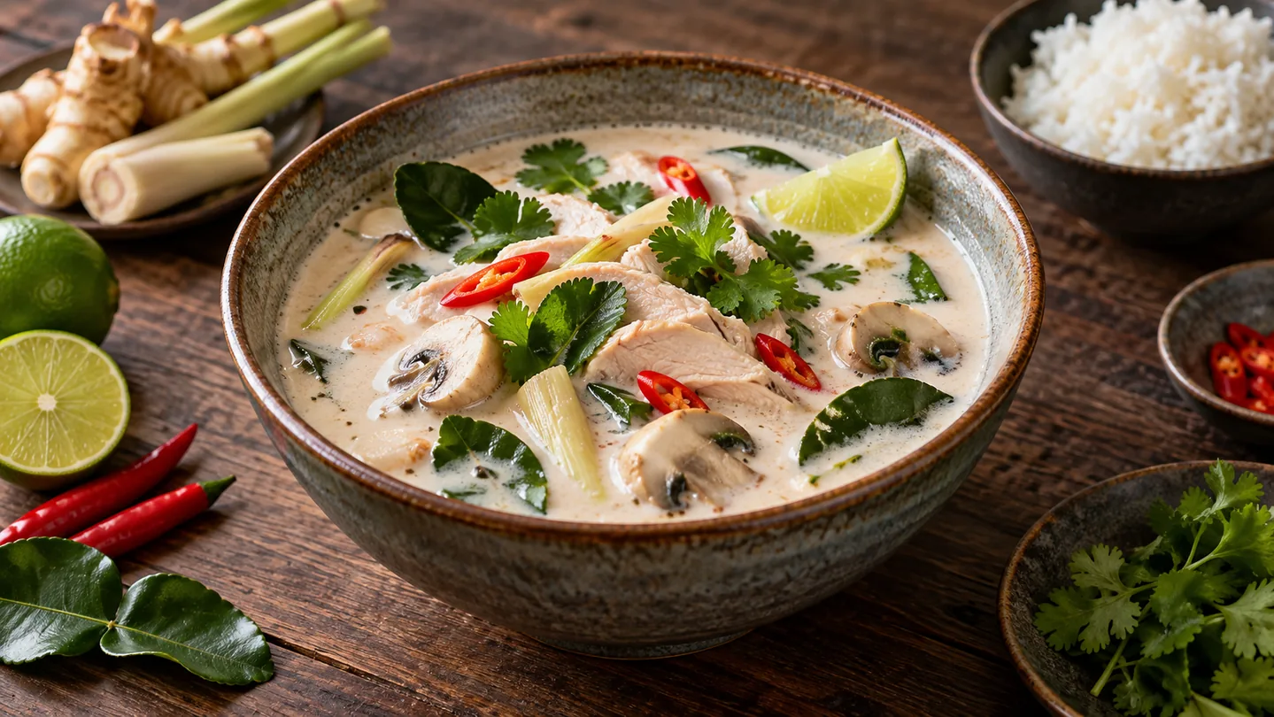 Thajská polévka Tom Kha Gai s kuřetem, houbami, galangalem a chilli