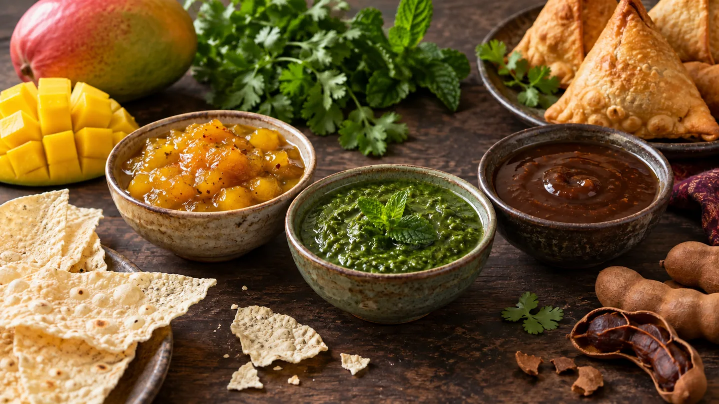 Mangové, mátovo-koriandrové a tamarindové chutney s papadum a samosami