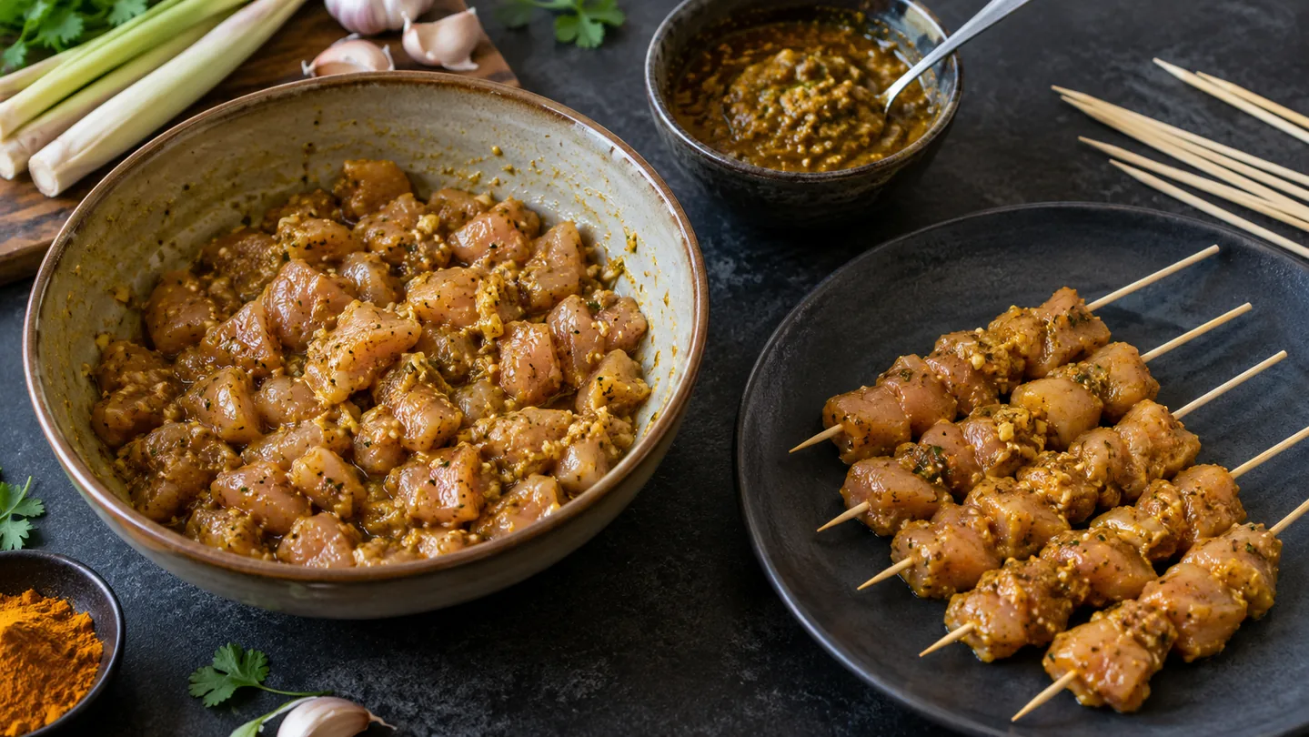 Marinování a napichování kuřecího masa na satay špízy