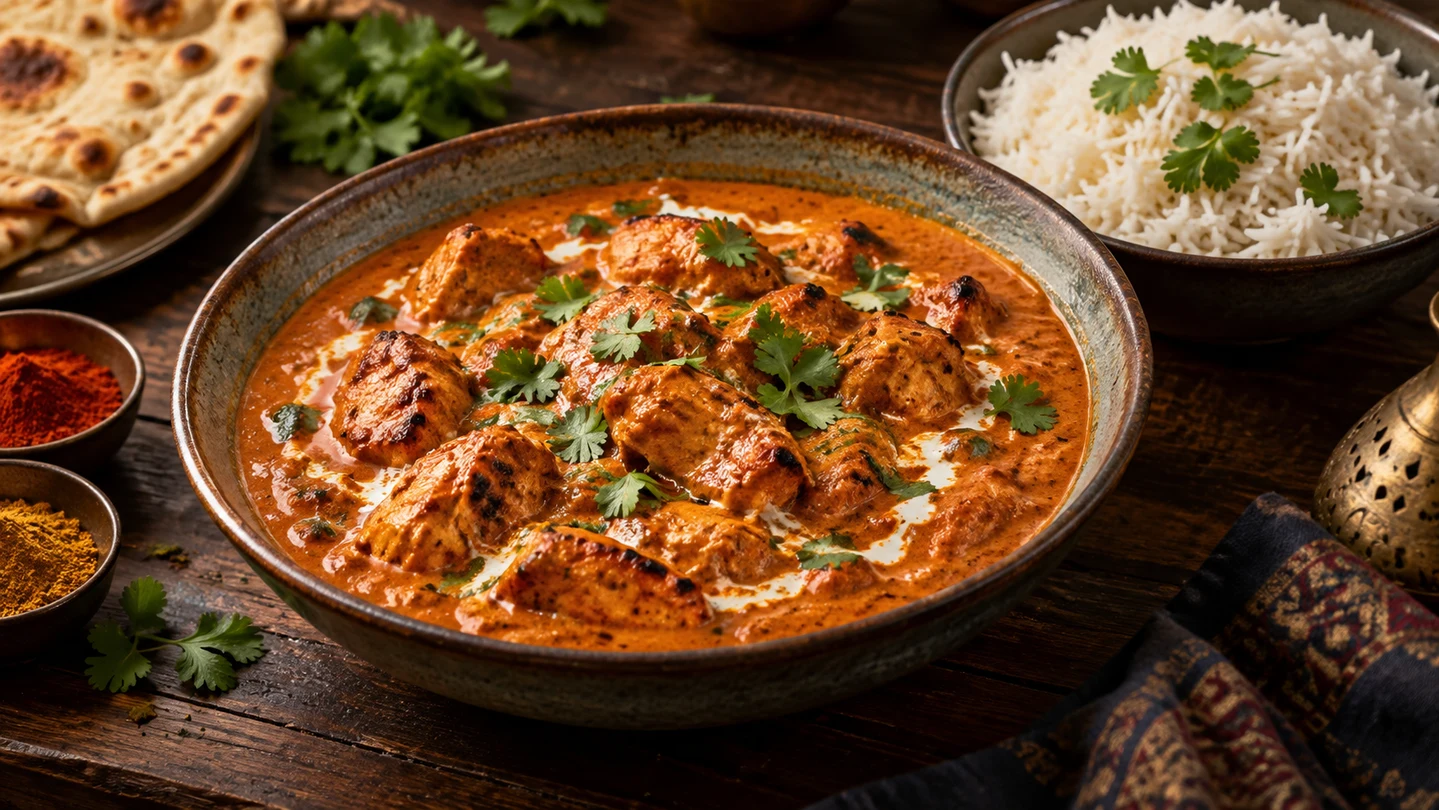 Kuřecí Tikka Masala s opečeným marinovaným kuřetem v krémové rajčatové omáčce