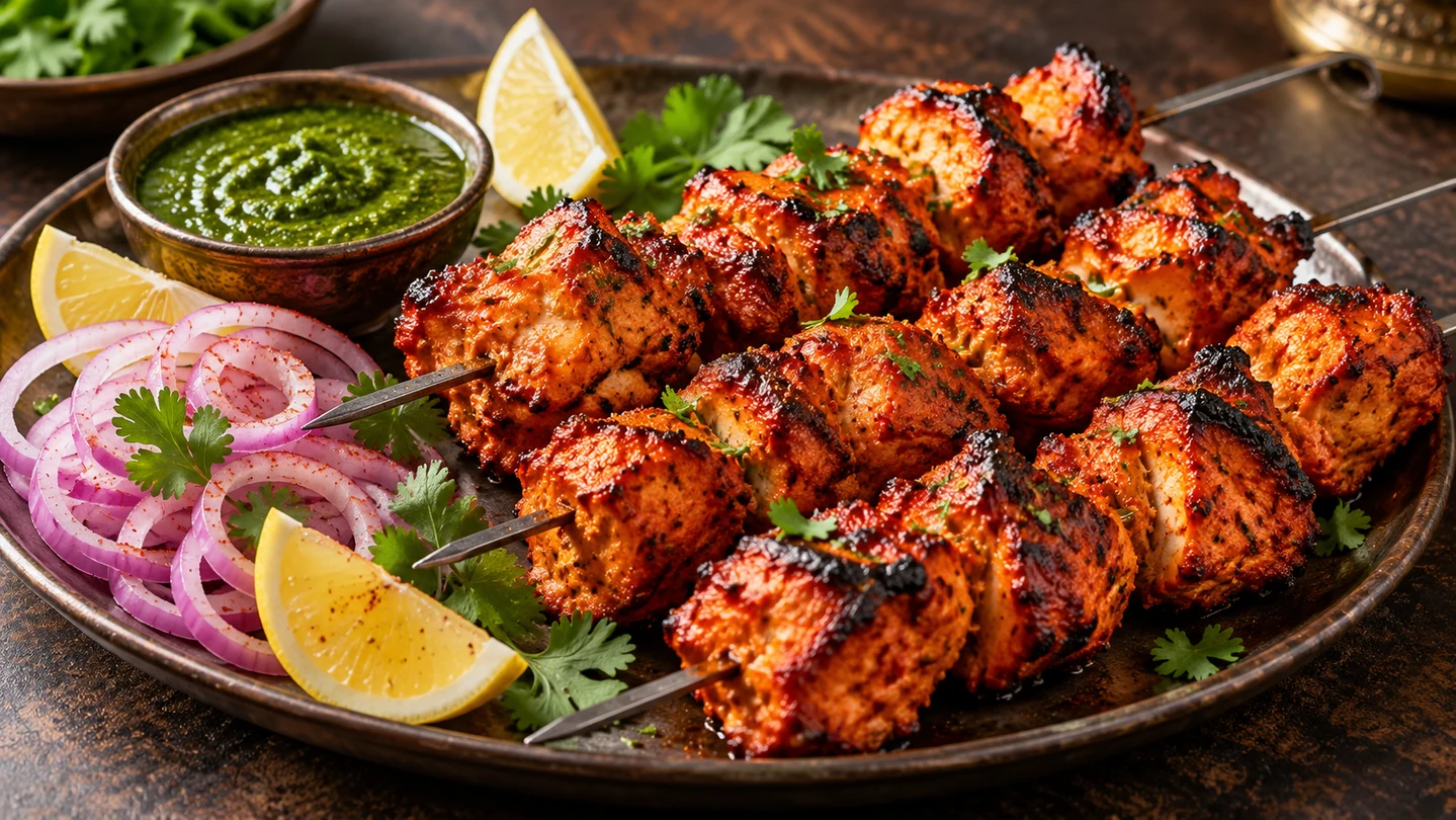 Kuřecí Tandoori tikka na špízech s citronem, cibulí a koriandrovým chutney
