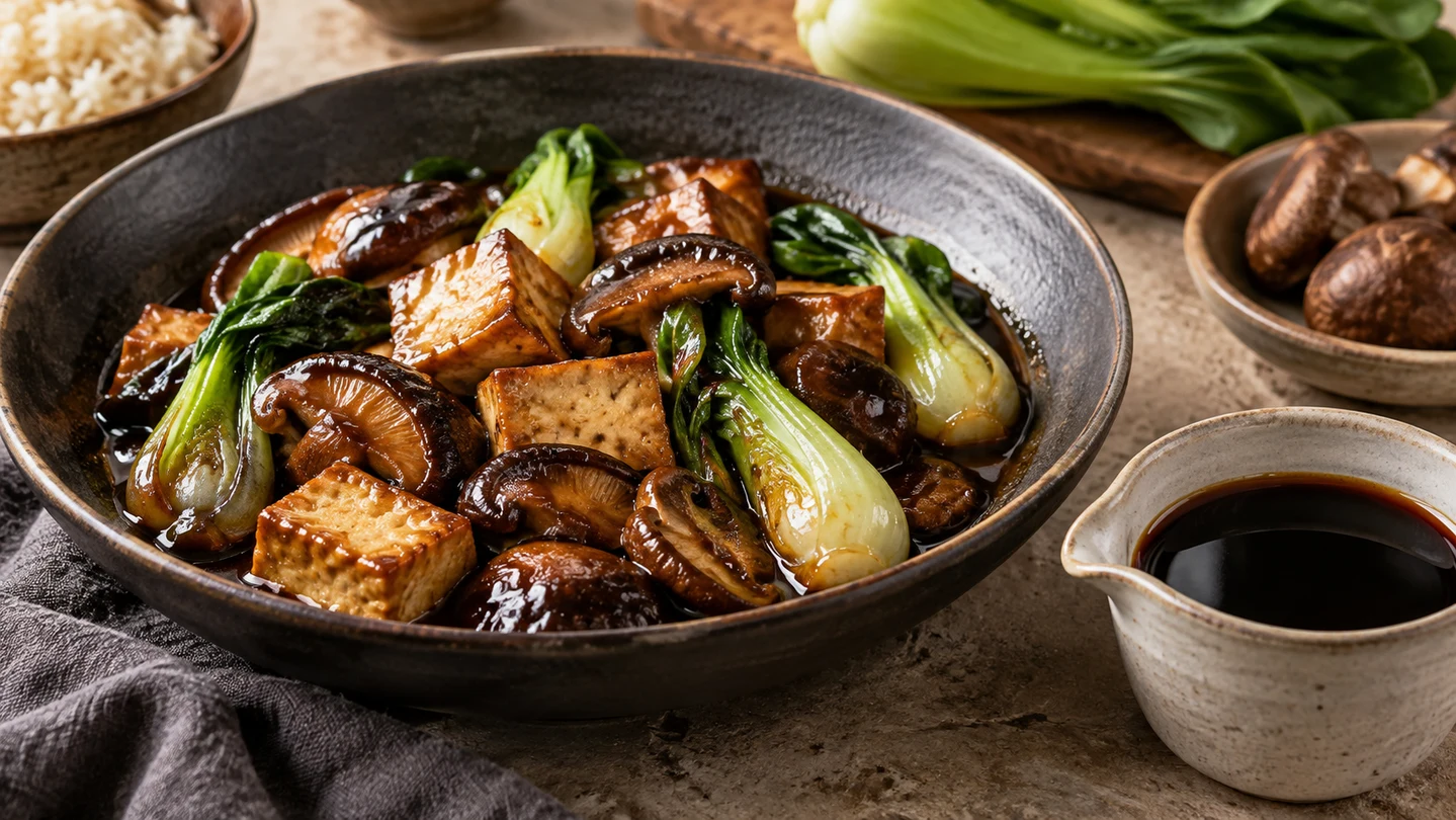 Glazované tofu, houby a pak choi s tmavou sójovou omáčkou