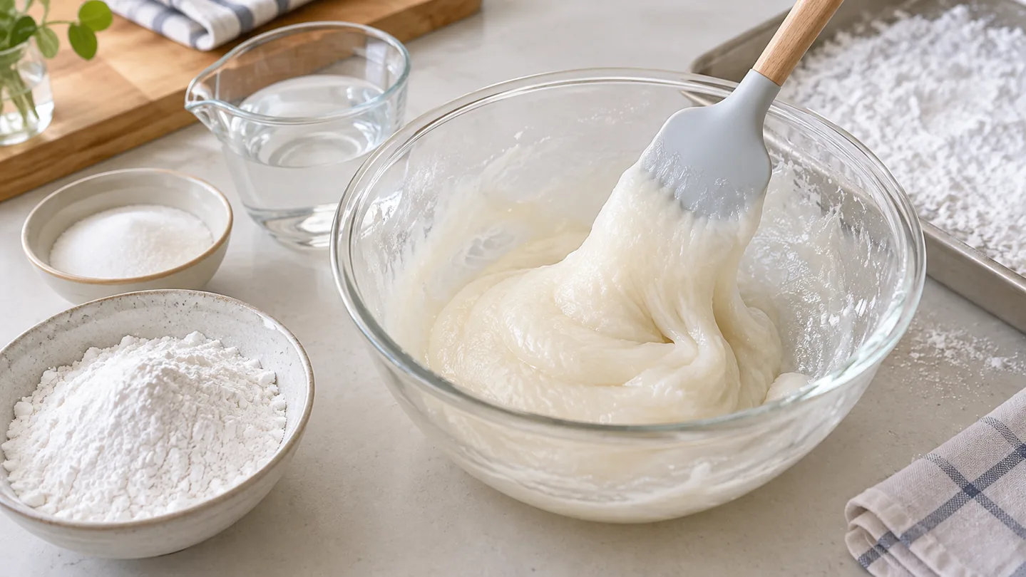 Příprava lesklého pružného těsta na mochi v misce