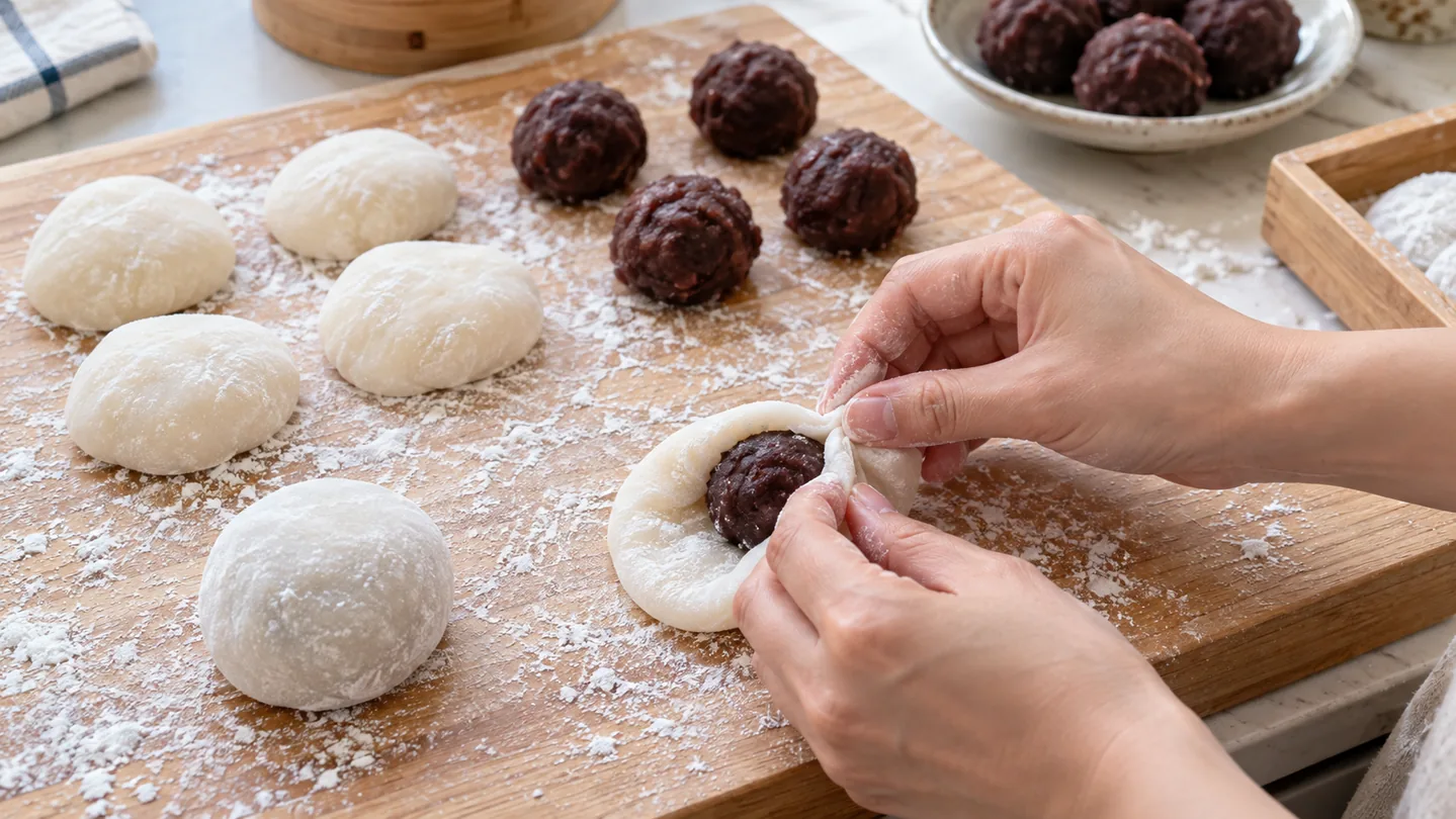 Plnění daifuku mochi sladkou pastou anko na škrobem poprášené ploše