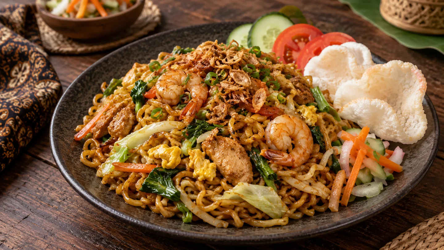 Indonéské smažené nudle Bami Goreng s kuřetem, krevetami a zeleninou