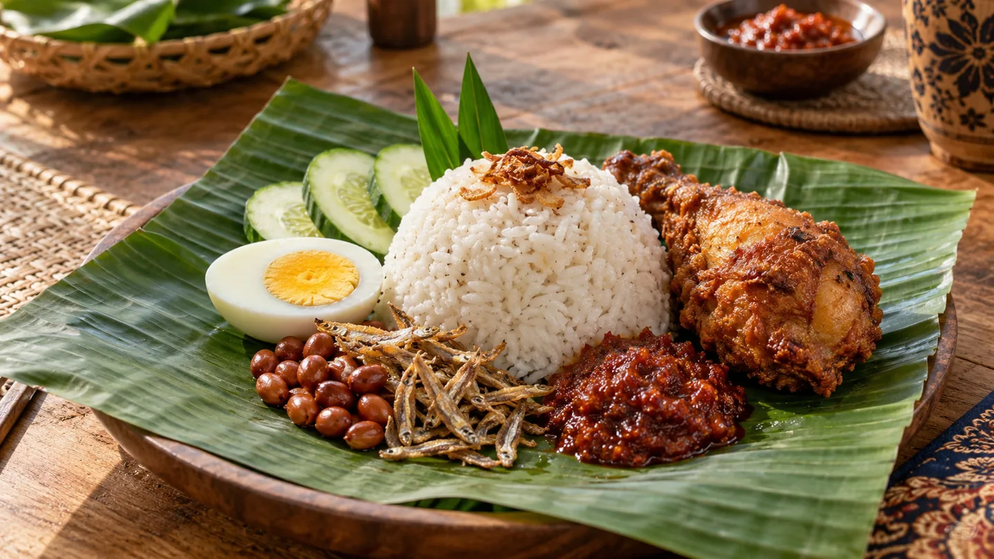 Malajské nasi lemak s kokosovou rýží, sambalem, vejcem, okurkou, arašídy a ančovičkami