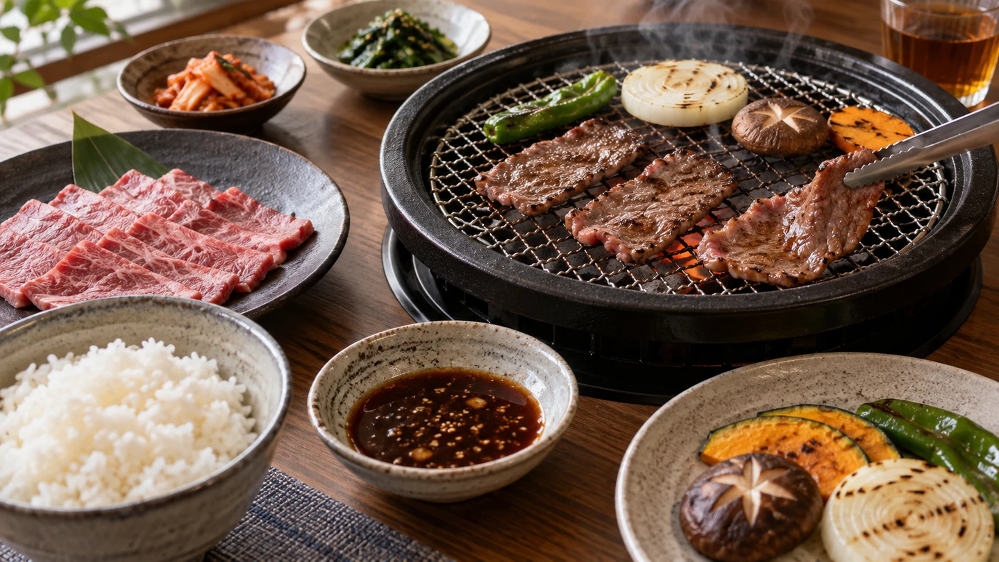 Japonské yakiniku s hovězím, grilovanou zeleninou, rýží a omáčkou tare