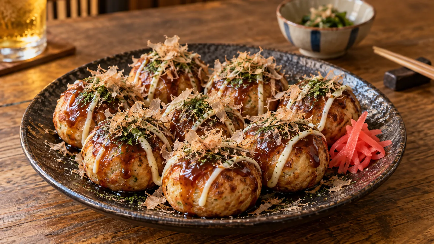 Hotové takoyaki s omáčkou, japonskou majonézou, katsuobushi a nori