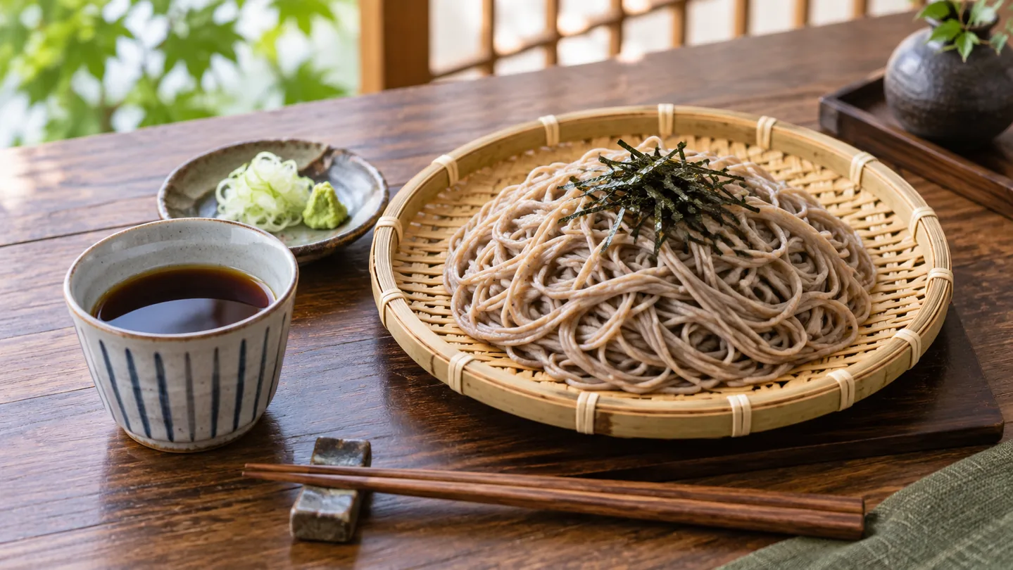 Studené zaru soba s miskou tsuyu, jarní cibulkou a wasabi