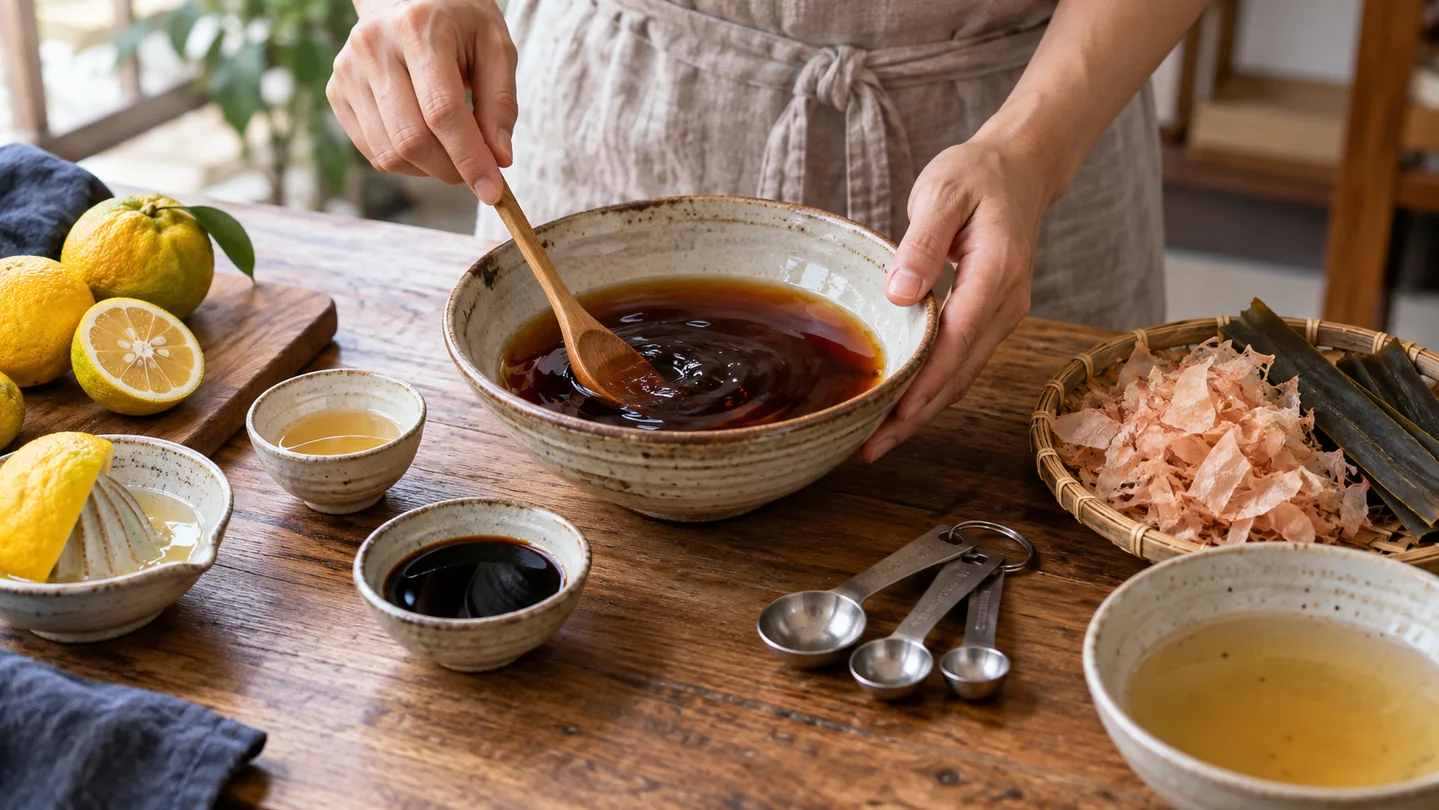 Míchání domácí ponzu shoyu z citrusové šťávy, sójové omáčky, mirinu a dashi