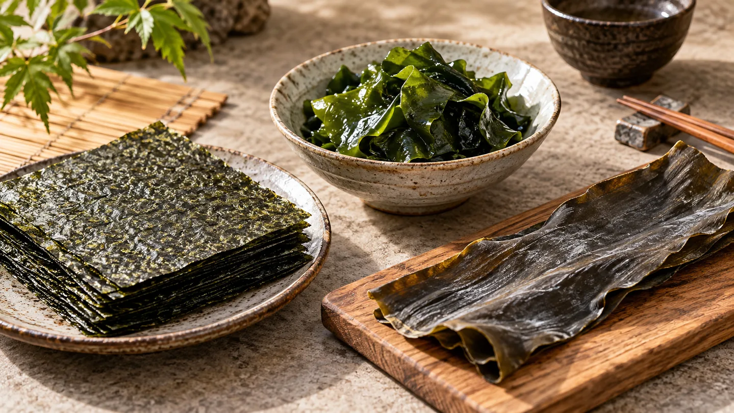 Nori, rehydratované wakame a sušené kombu