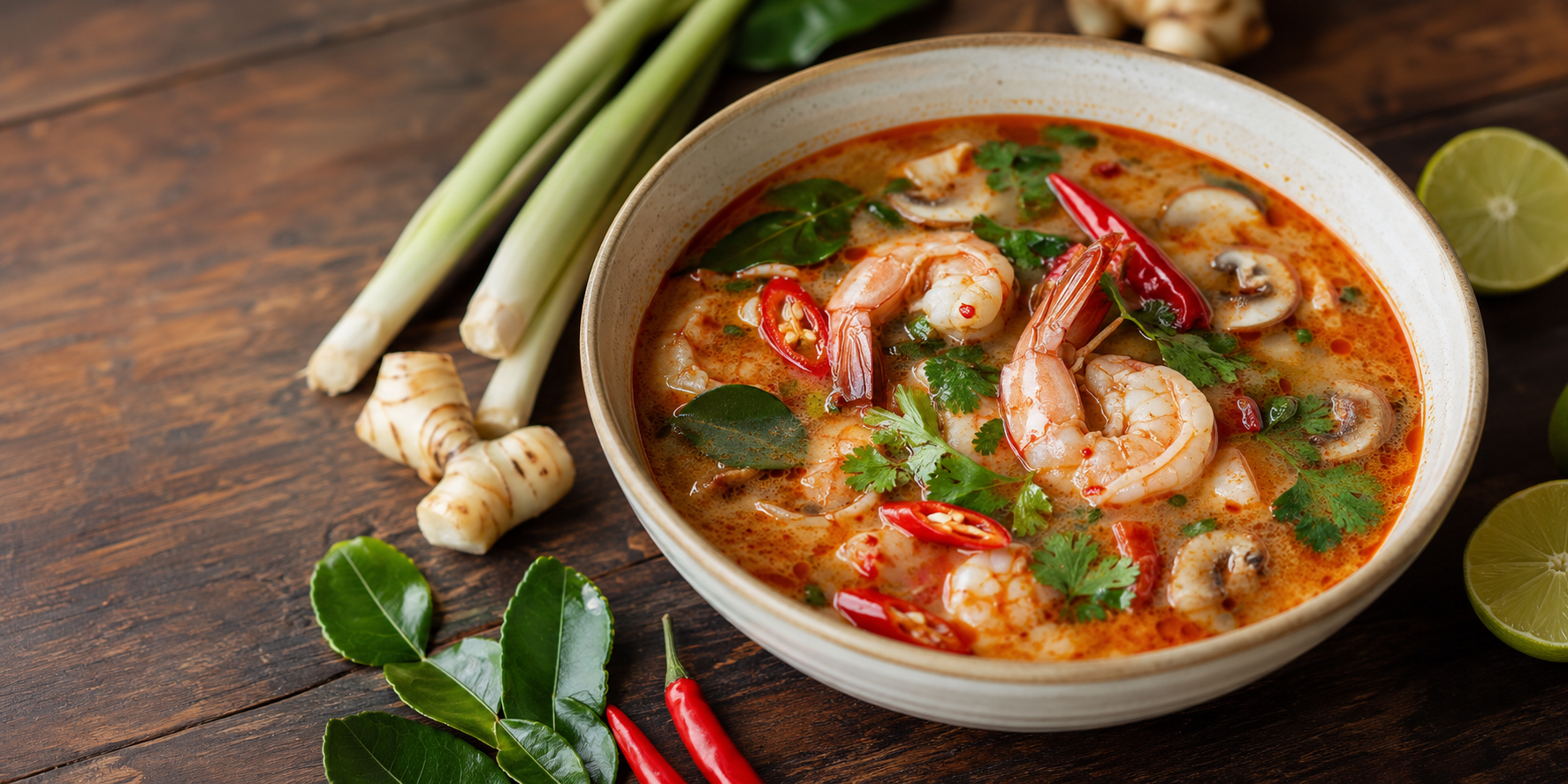 Thajská polévka Tom Yum Thajská polévka Tom Yum s krevetami, citronovou trávou, galangalem a chilli