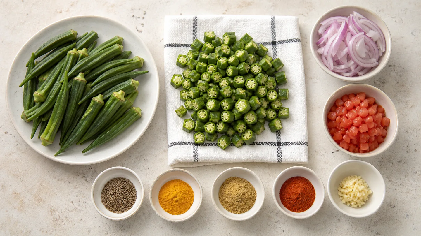 Suchá okra a suroviny na Bhindi Masala