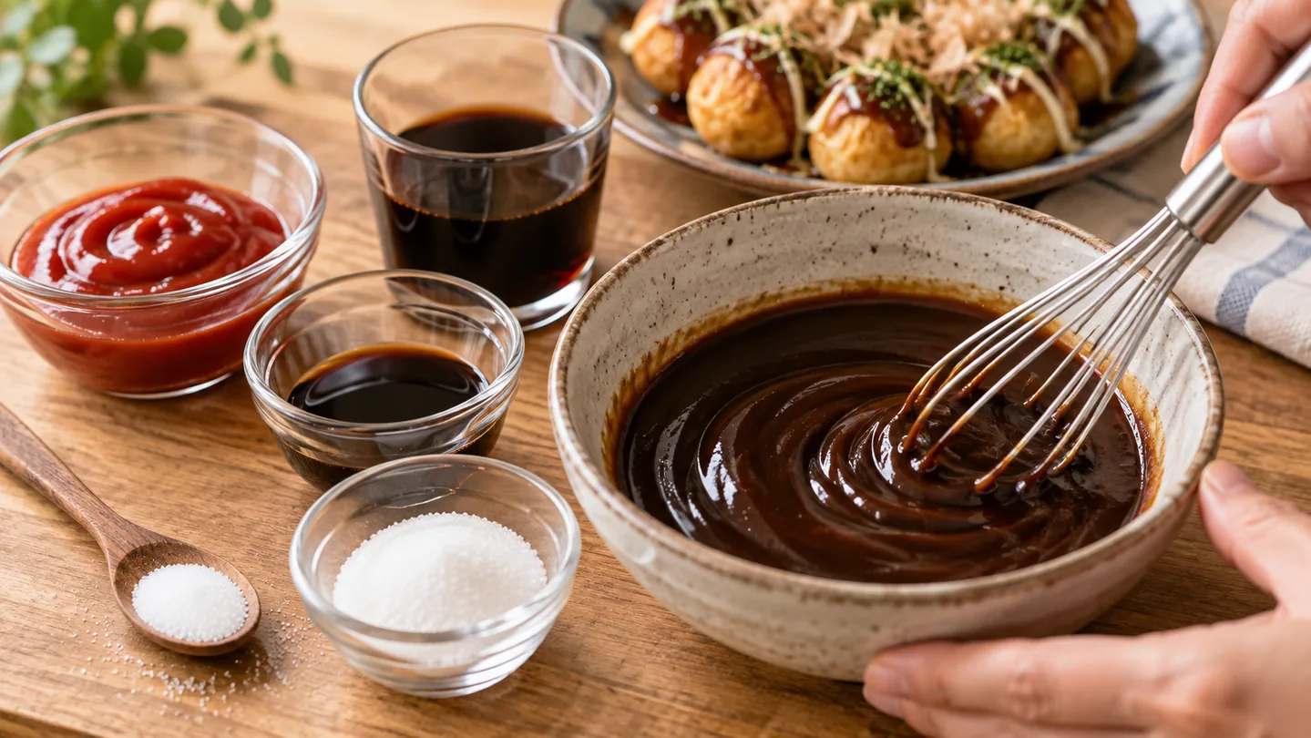 Míchání domácí takoyaki omáčky z kečupu, worcesterské a sójové omáčky