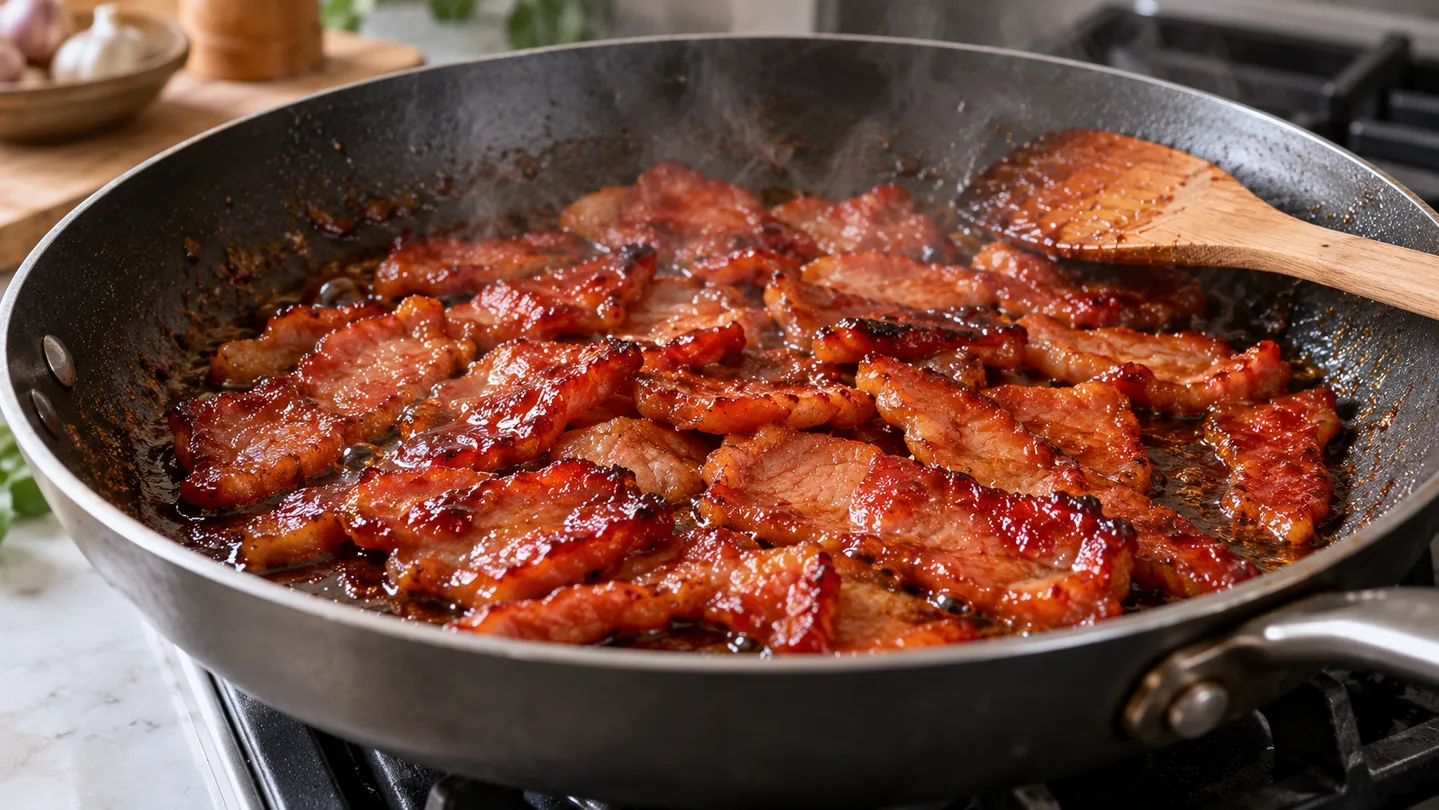 Karamelizace vepřového Tocino na pánvi