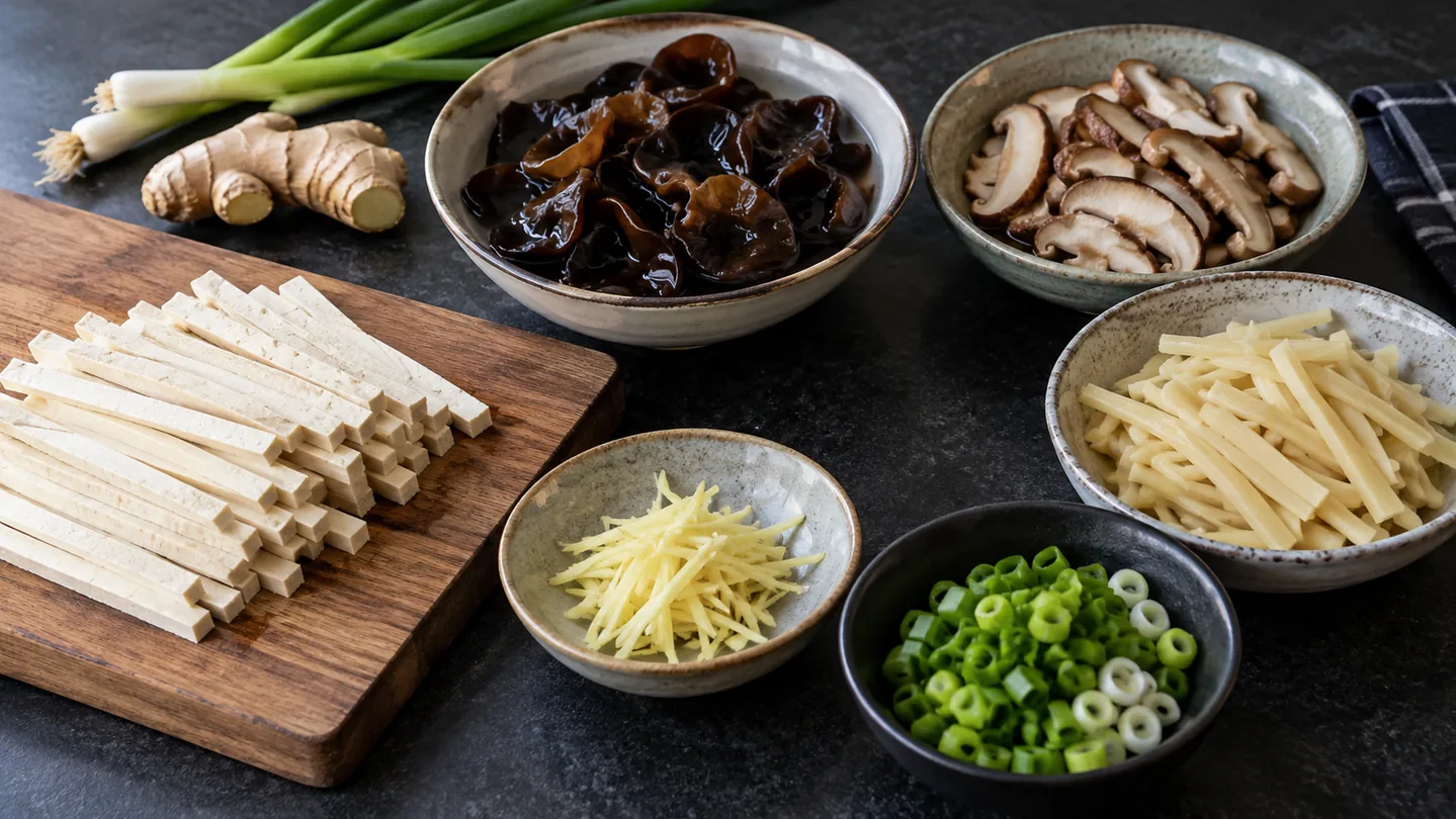 Tofu, jidášova ucha, shiitake, bambus, zázvor a jarní cibulka na Hot and Sour