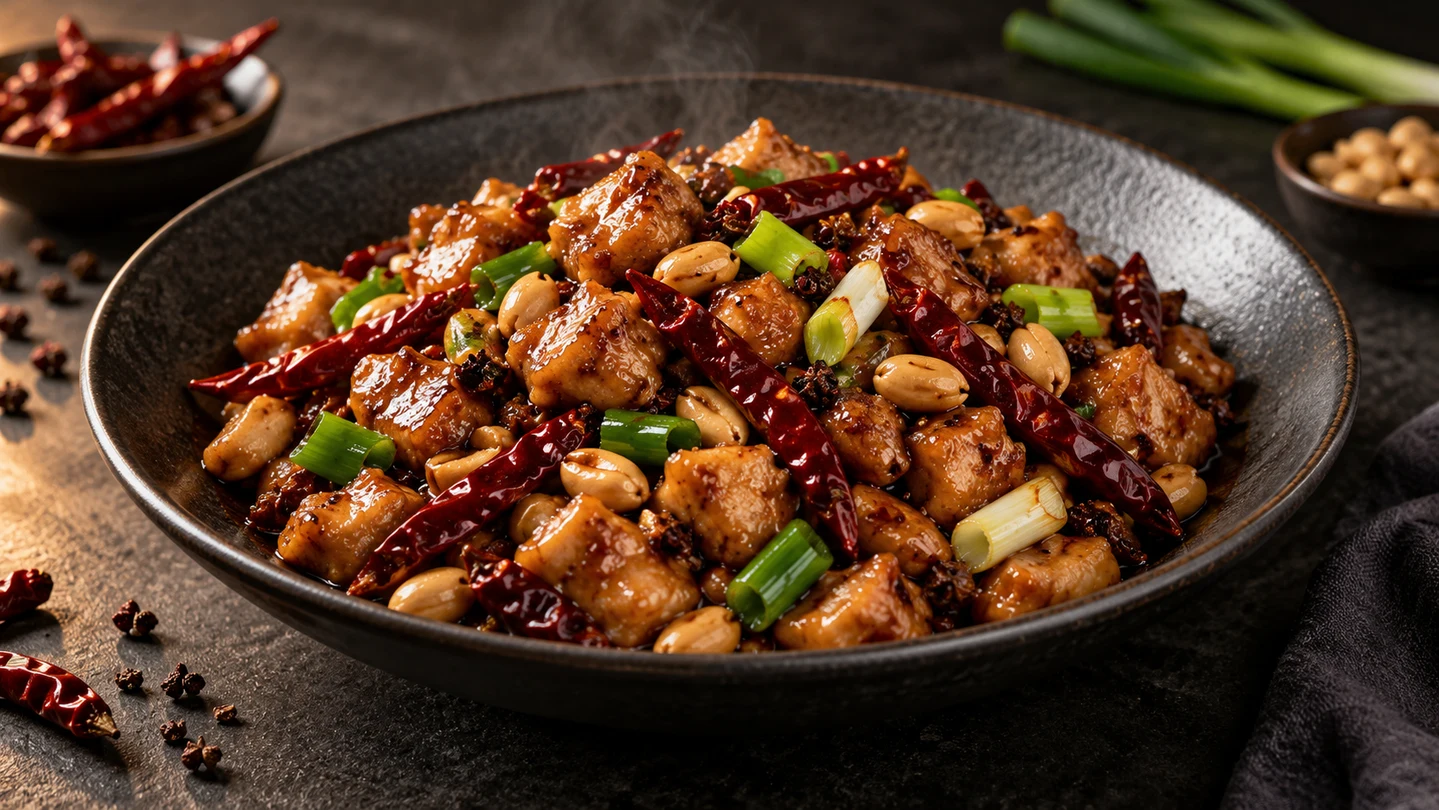 Kung Pao kuře se sušeným chilli, arašídy a jarní cibulkou