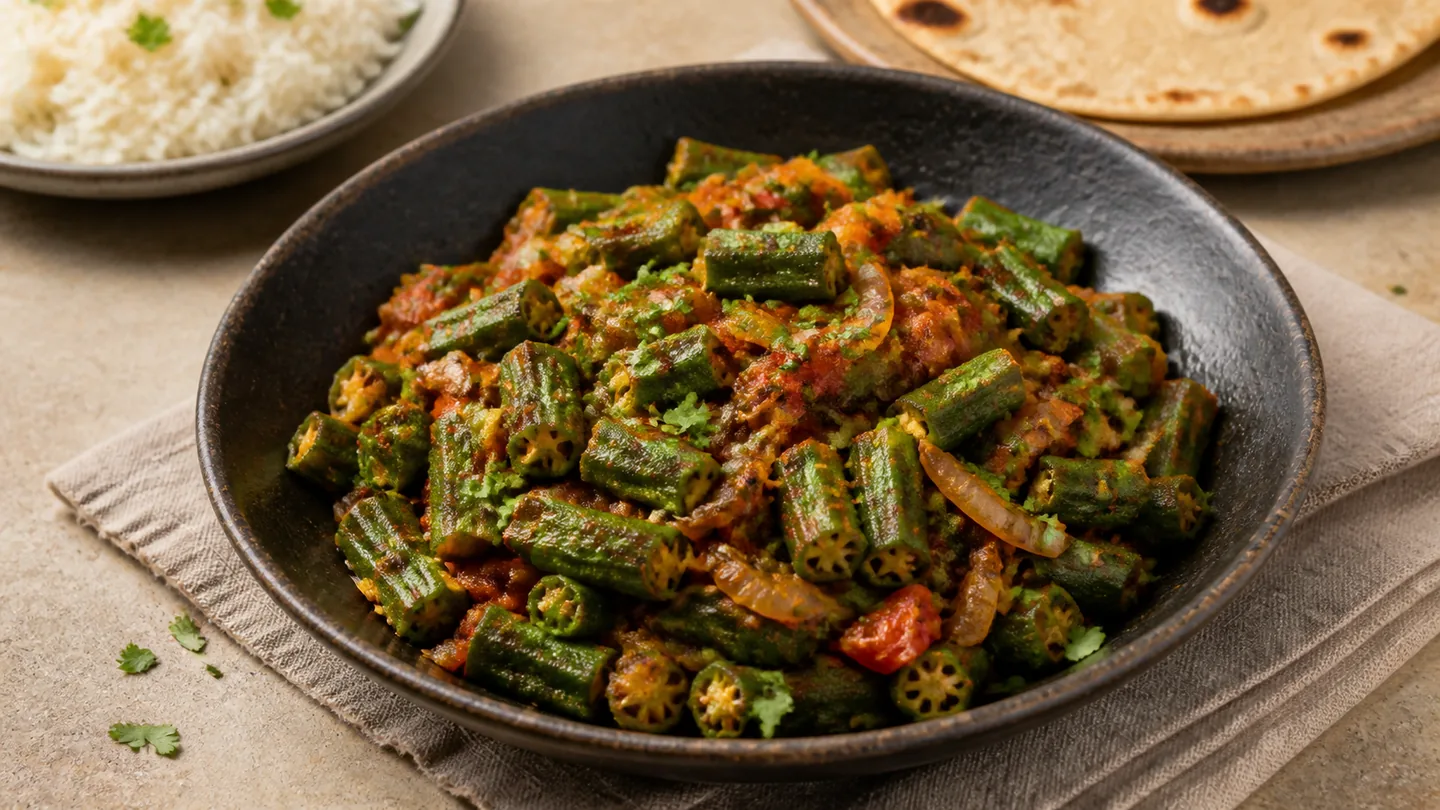 Bhindi Masala z okry, cibule a rajčat