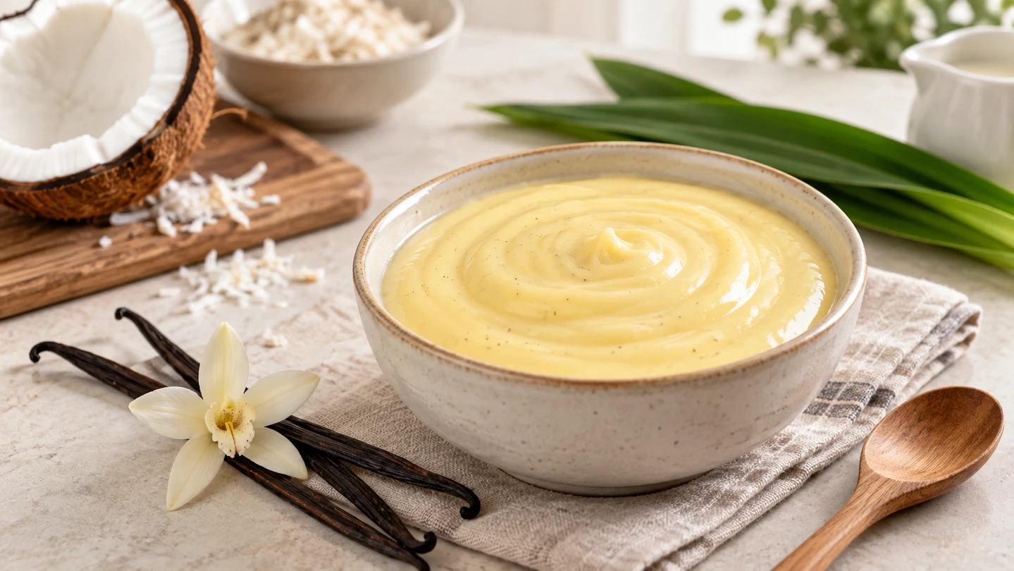 Hladký vanilkový custard v keramické misce s vanilkou, kokosem a pandanem