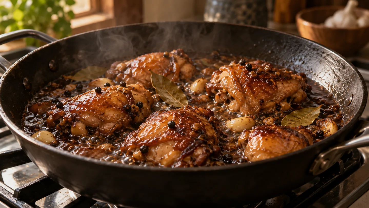Kuřecí adobo při pomalém redukování omáčky