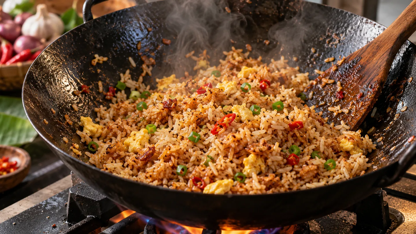 Restování Nasi Goreng ve woku na vysokém žáru