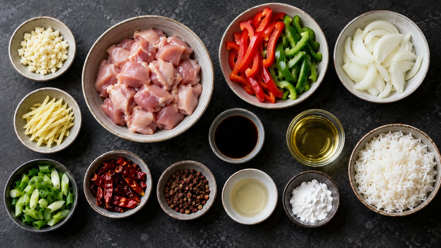 Kuře, paprika, cibule, chilli, sečuánský pepř a omáčka připravené na stir-fry