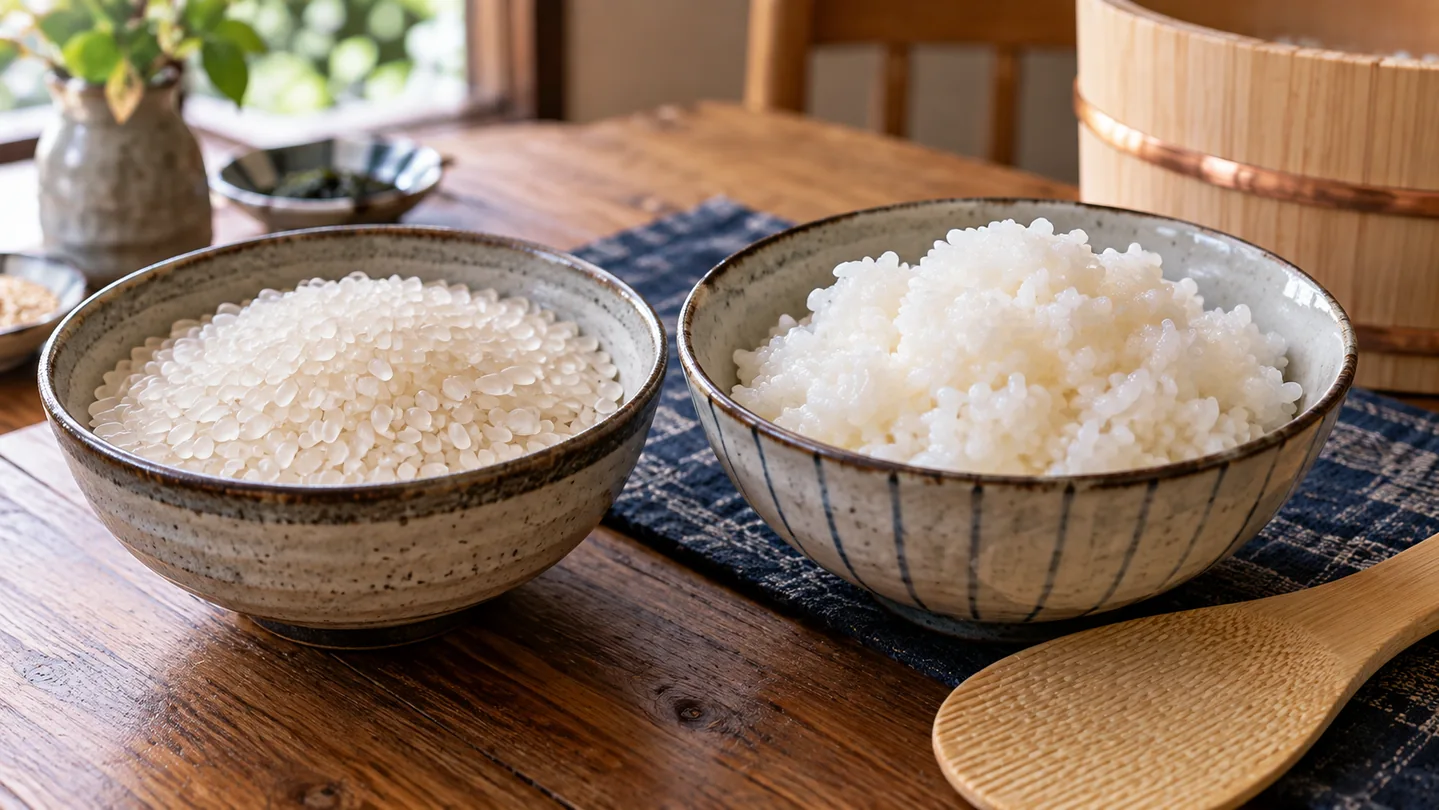 Neuvařená krátkozrnná sushi rýže vedle hotové ochucené rýže