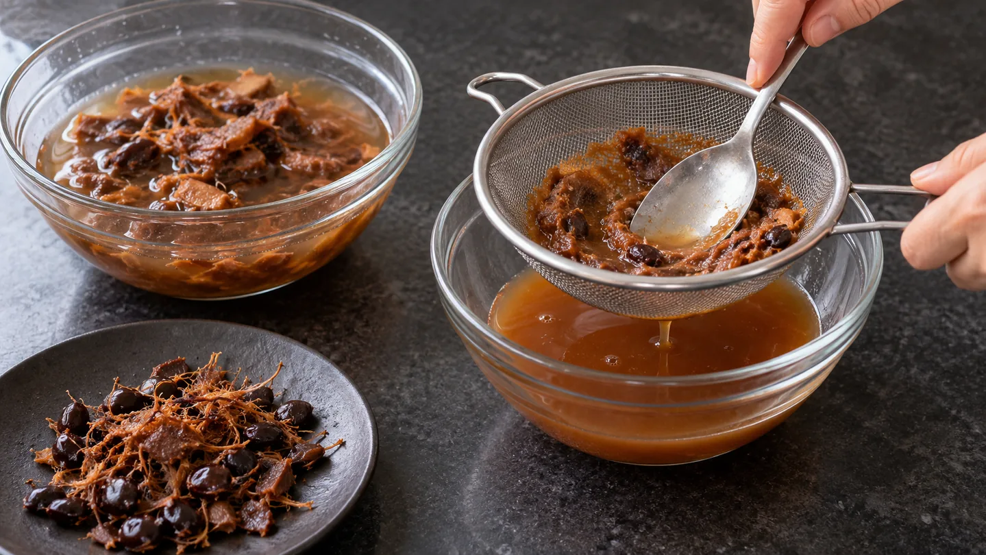 Protlačování změklé tamarindové dužiny přes jemné sítko