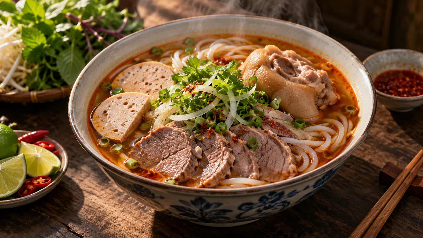 Vietnamská polévka Bún Bò Huế s hovězím masem a silnými rýžovými nudlemi
