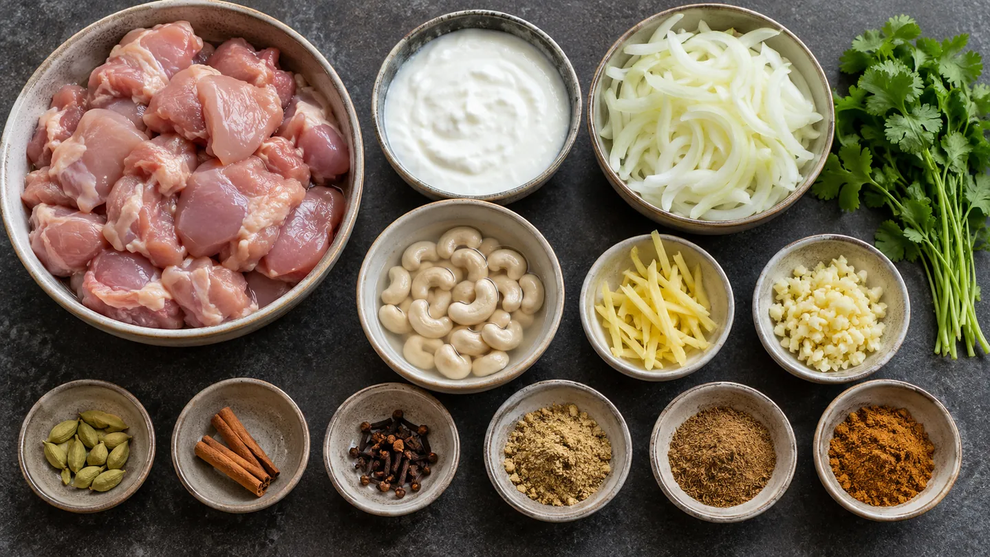 Kuře, jogurt, cibule, kešu, zázvor, česnek a koření připravené na Korma kari
