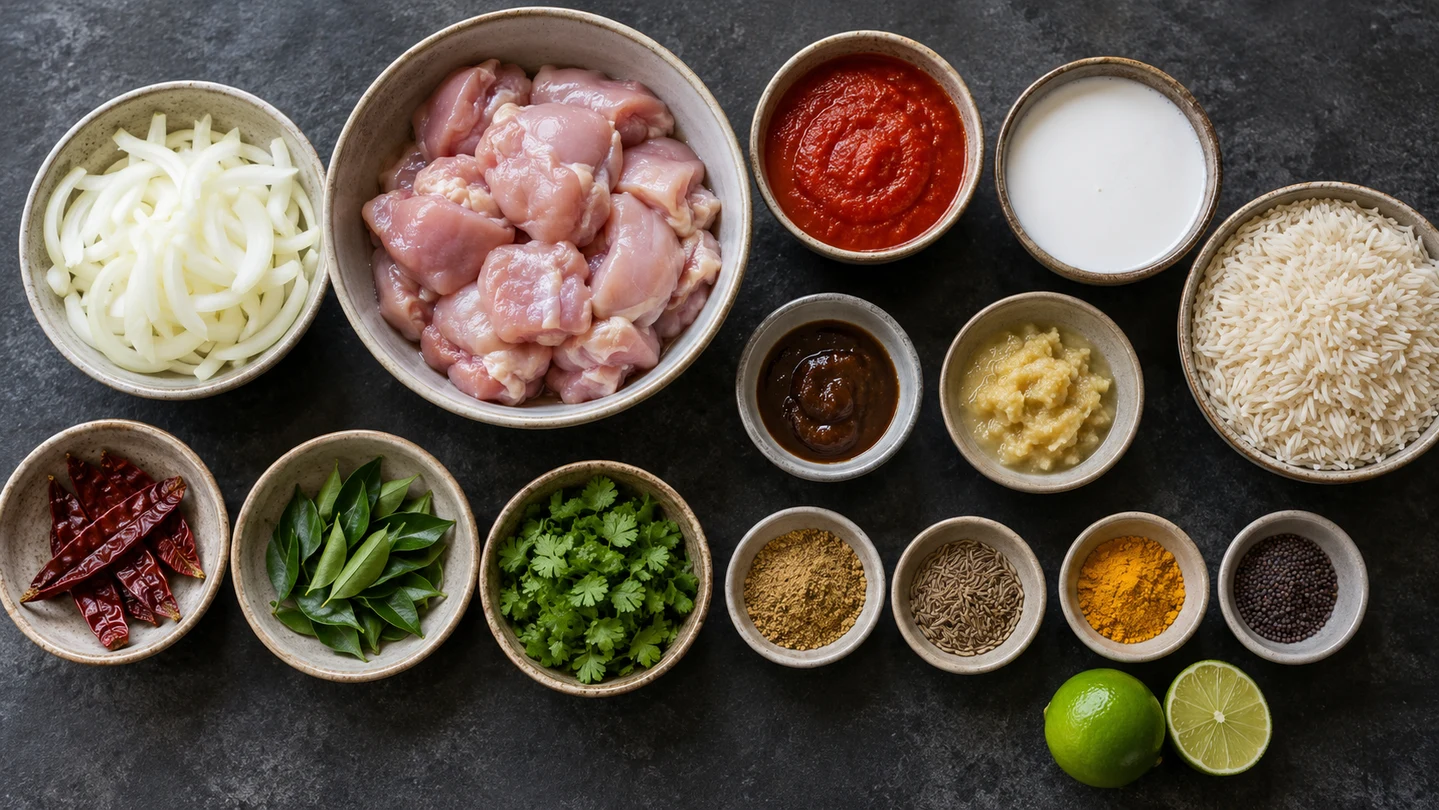 Kuře, cibule, rajčata, kokos, tamarind, koření a basmati rýže na Madras kari