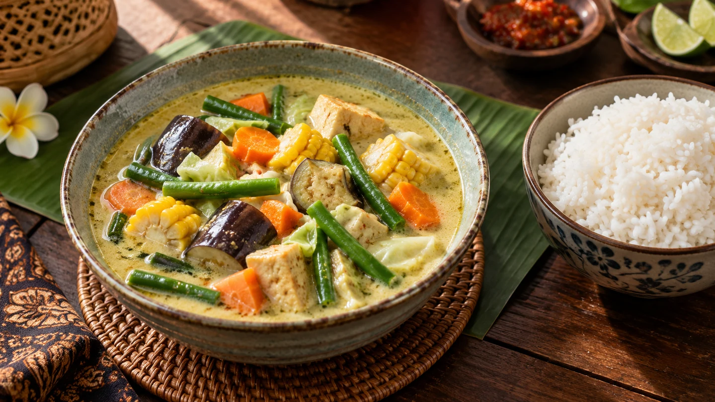 Indonéské zeleninové kari Sayur Lodeh s tofu a rýží