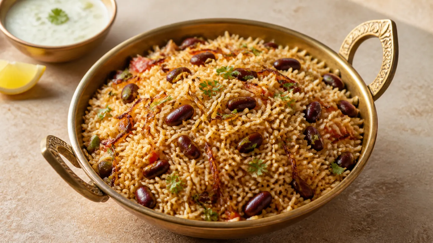 Sypké Rajma Pulao s červenými fazolemi, koriandrem, citronem a raitou