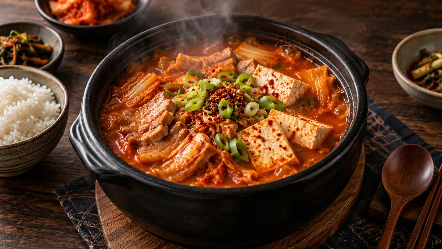 Korejské kimchi-jjigae s vepřovým masem, tofu a jarní cibulkou