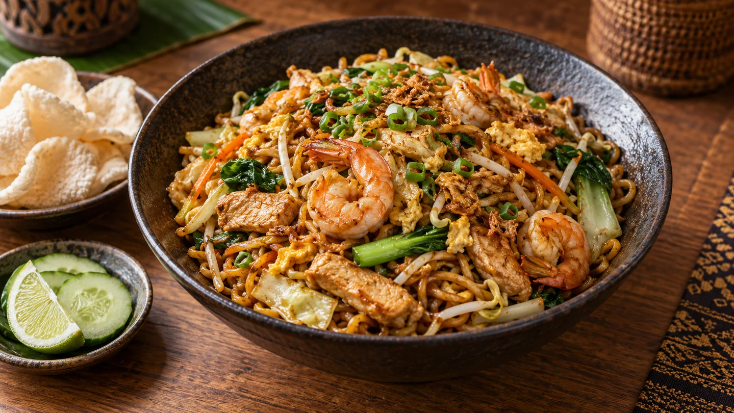 Indonéské smažené nudle Mee Goreng s kuřetem, krevetami, vejcem a zeleninou