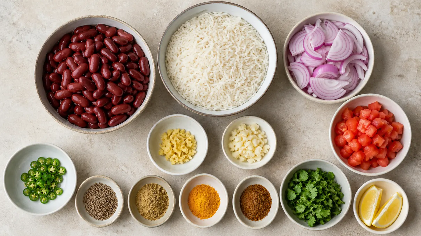 Suroviny na Rajma Pulao: basmati, vařené fazole, zelenina, bylinky a koření