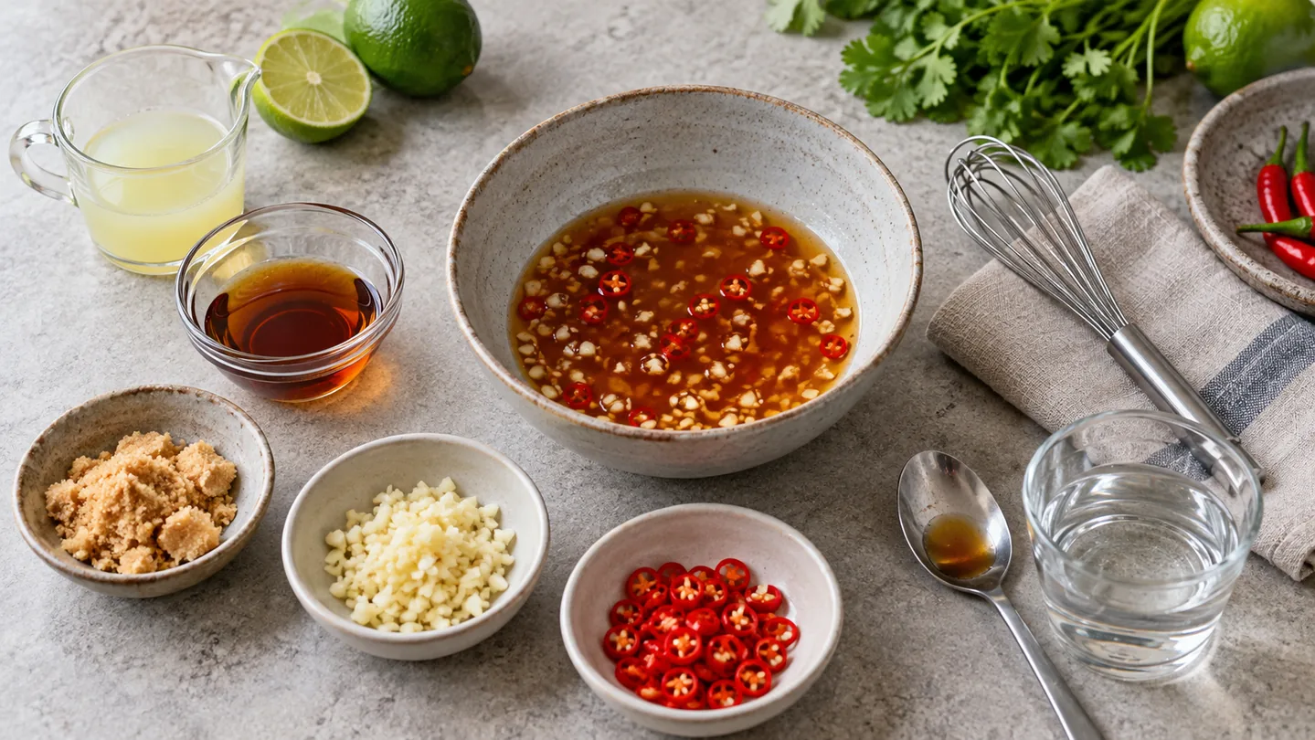 Příprava vietnamského dipu nước chấm z rybí omáčky, limety, cukru, česneku a chilli