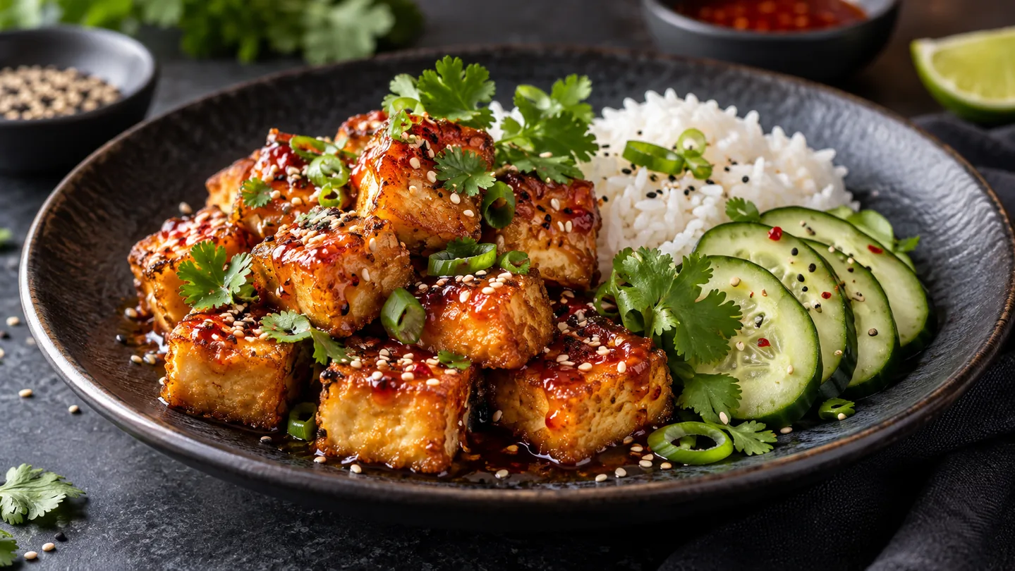 Křupavé tofu se sladkou chilli omáčkou, rýží a okurkou