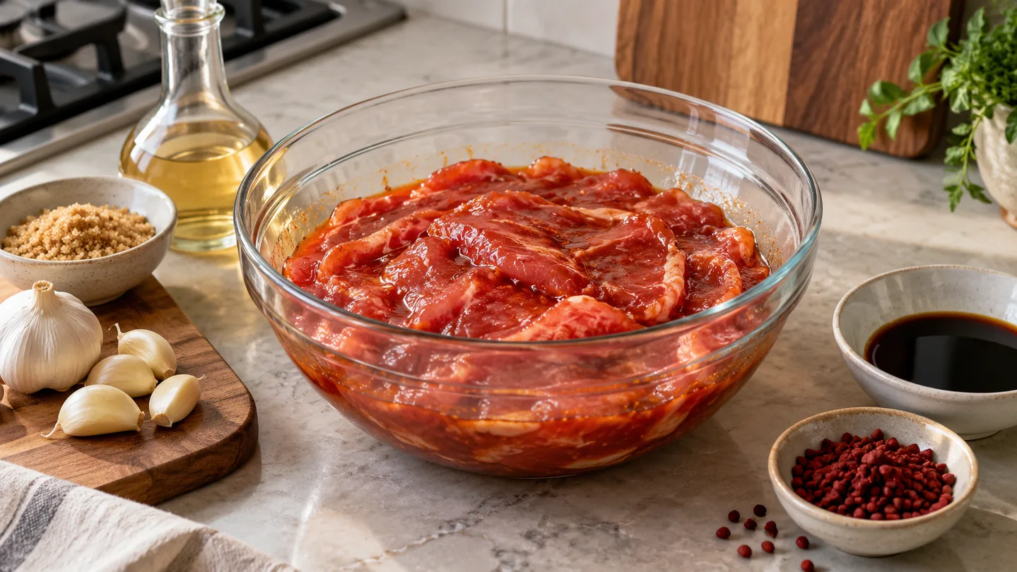Tenké plátky vepřového masa v marinádě na Tocino