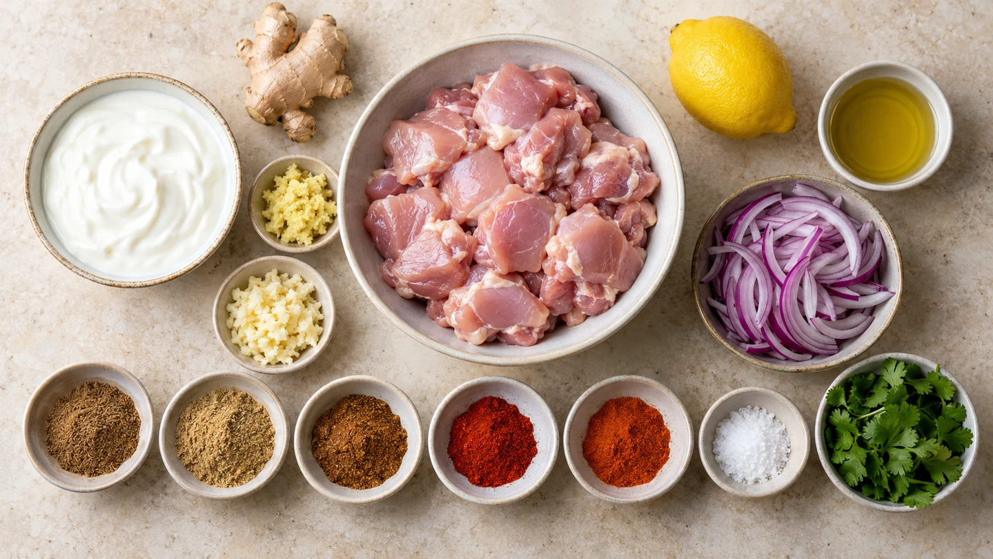 Kuře, jogurt, citron, zázvor, česnek a koření na Tandoori tikka