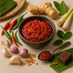 Der Geschmack der indonesischen Küche: Sambal, Kecap Manis, Kokos und Reis als Mittelpunkt des Gerichts Der Geschmack der indonesischen Küche: Sambal, Kecap Manis, Kokos und Reis als Mittelpunkt des Gerichts