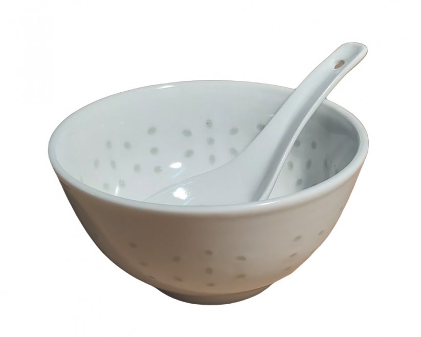 Miska s lyžičkou z ryžového porcelánu biela 11 cm