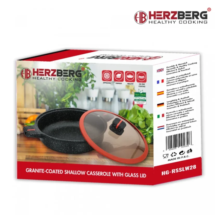 Herzberg Granite coated pot with glass lid, low - 28 cm