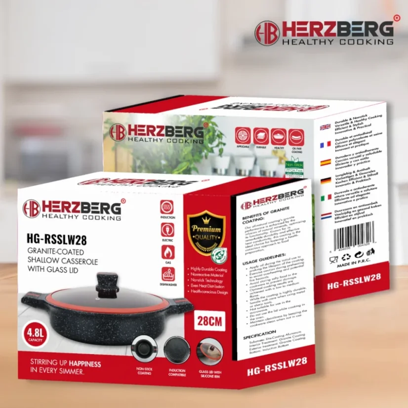 Herzberg Granite coated pot with glass lid, low - 28 cm